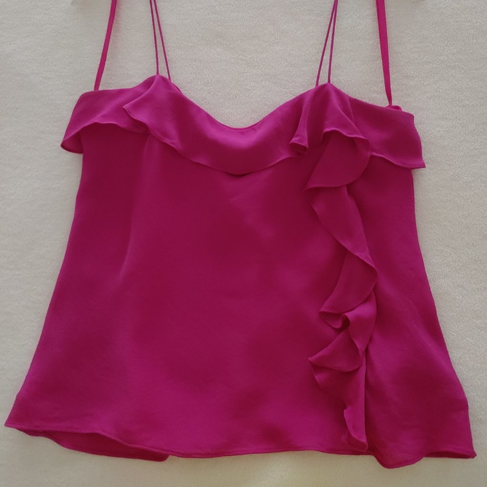 LAUREN RALPH LAUREN SILK RUFFLED CAMISOLE ASYMMETRIC RUFFLE MAGENTA PINK SZ 10